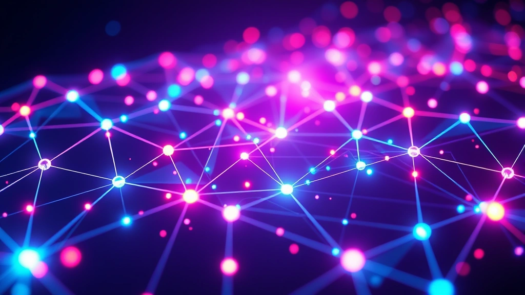 Abstract blockchain network visualization with glowing interconnected nodes and flowing light patterns representing distributed ledger technology, cyberpunk aesthetic, neon colors