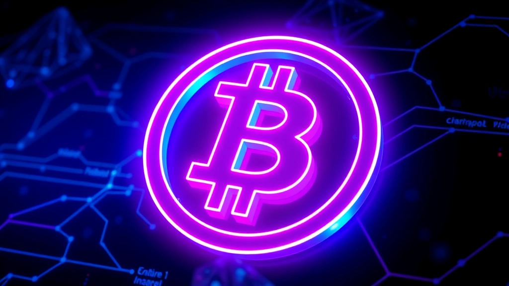 Neon Bitcoin logo with electric blue and magenta glow effects against dark digital background, holographic crystalline texture, futuristic cryptocurrency visualization