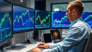 A professional trader analyzing Bitcoin dominance charts on multiple high-resolution monitors displaying cryptocurrency market data with ascending trend lines and technical indicators in a modern trading office environment with blue and green color schemes