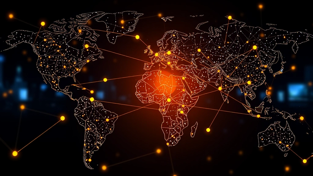 A global financial network visualization showing interconnected nodes and data flows representing Bitcoin's worldwide adoption, institutional partnerships, and decentralized network structure with glowing connections across continents