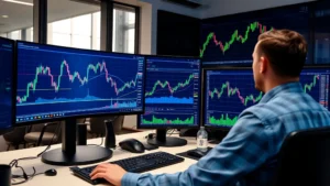 Professional cryptocurrency trader analyzing Bitcoin dominance chart on multiple monitors in modern trading room with blue and green candlestick patterns, showing BTCDOM indicator with technical analysis tools visible