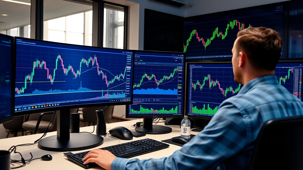 Professional cryptocurrency trader analyzing Bitcoin dominance chart on multiple monitors in modern trading room with blue and green candlestick patterns, showing BTCDOM indicator with technical analysis tools visible