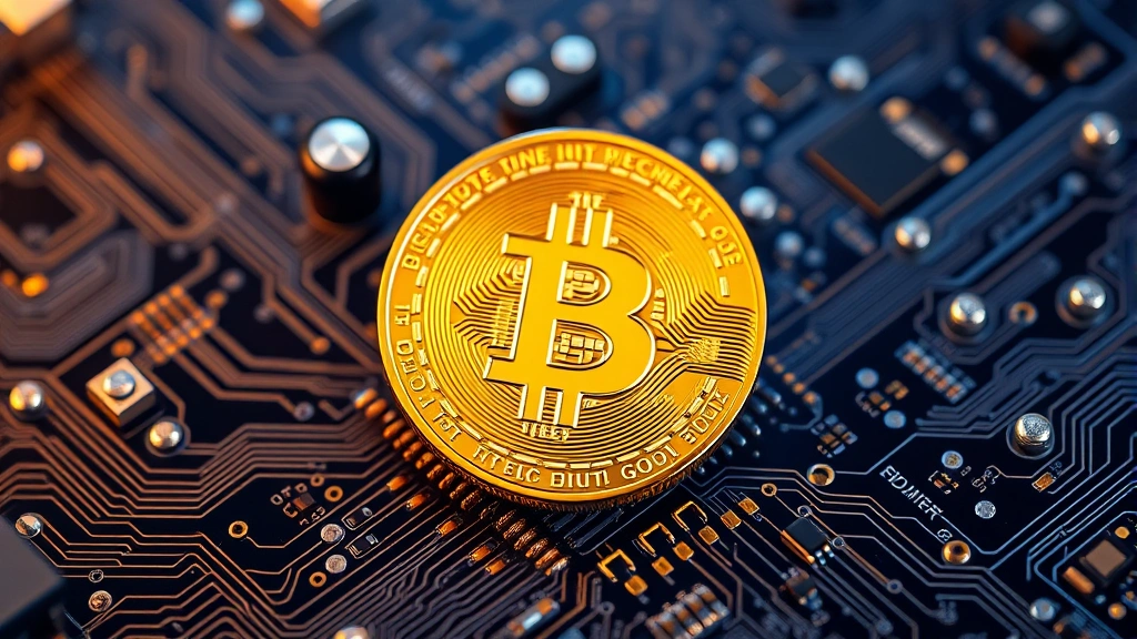 Photorealistic image of a Bitcoin coin positioned on a computer circuit board with glowing blue and gold accents, representing blockchain technology and digital security infrastructure