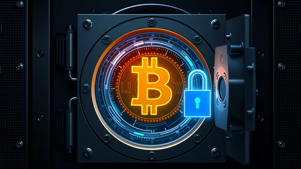 Realistic photograph of a modern secure vault with Bitcoin symbols and digital lock mechanisms, symbolizing institutional custody and security infrastructure for cryptocurrency
