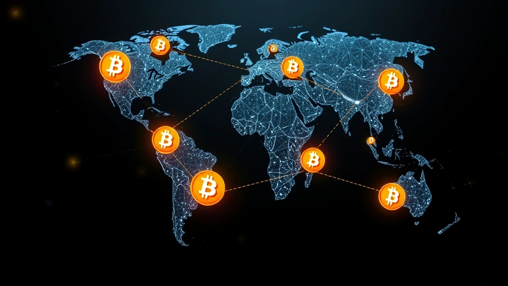 Photorealistic image of a global network visualization with interconnected nodes and Bitcoin symbols across different continents, representing Bitcoin's decentralized network and worldwide adoption