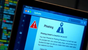 Photorealistic close-up of a computer screen showing a phishing email with warning indicators and red alert symbols, professional security environment, no text visible
