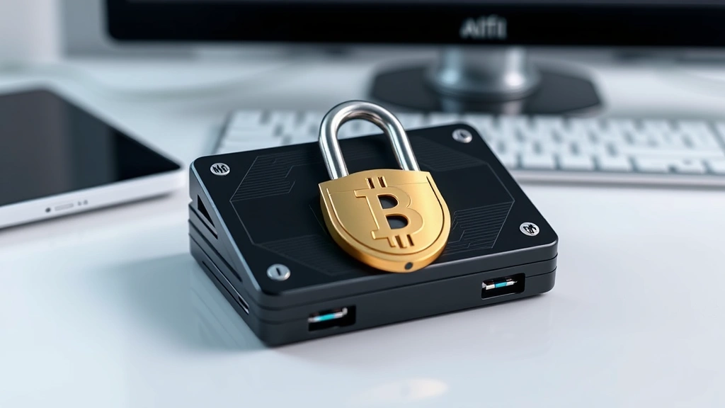 Photorealistic image of a hardware cryptocurrency wallet device sitting on a desk with a padlock symbolizing security, modern minimalist setting, no text or labels