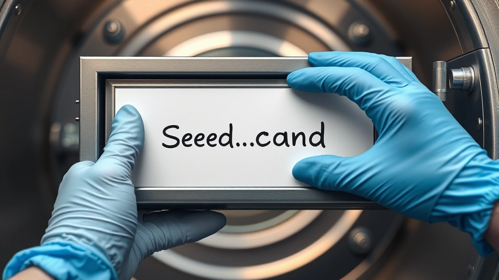 Photorealistic photo of someone securely storing a written seed phrase in a safe deposit box with protective gloves, vault interior background, no text visible