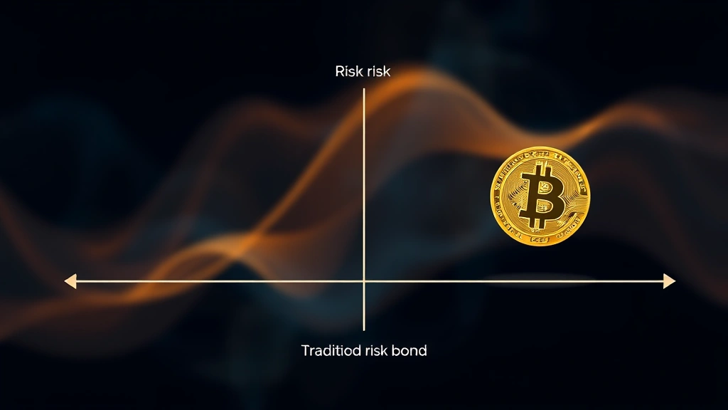 Abstract visualization of a financial risk spectrum showing traditional bonds on one end and Bitcoin on the other, with bitcoin-enhanced bonds positioned in the middle, illustrating the balanced risk profile