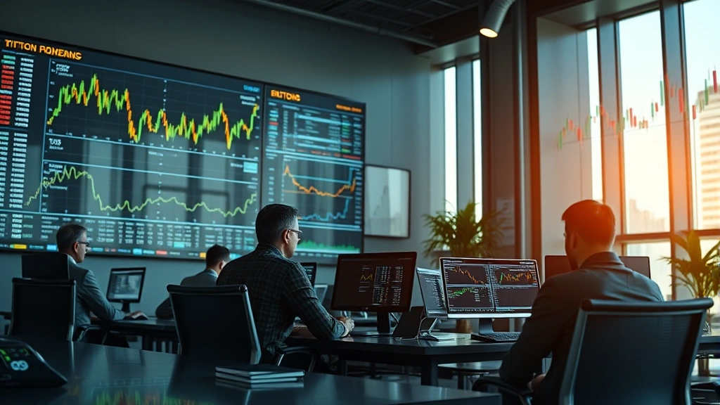 Institutional investors in modern office trading cryptocurrency on large digital displays with Bitcoin charts and ETF data visible, professional financial environment, photorealistic