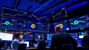 Modern financial trading floor with multiple screens displaying Bitcoin charts and digital asset data, professional traders in business attire monitoring market movements, blue and green lighting, cryptocurrency exchange interface visible