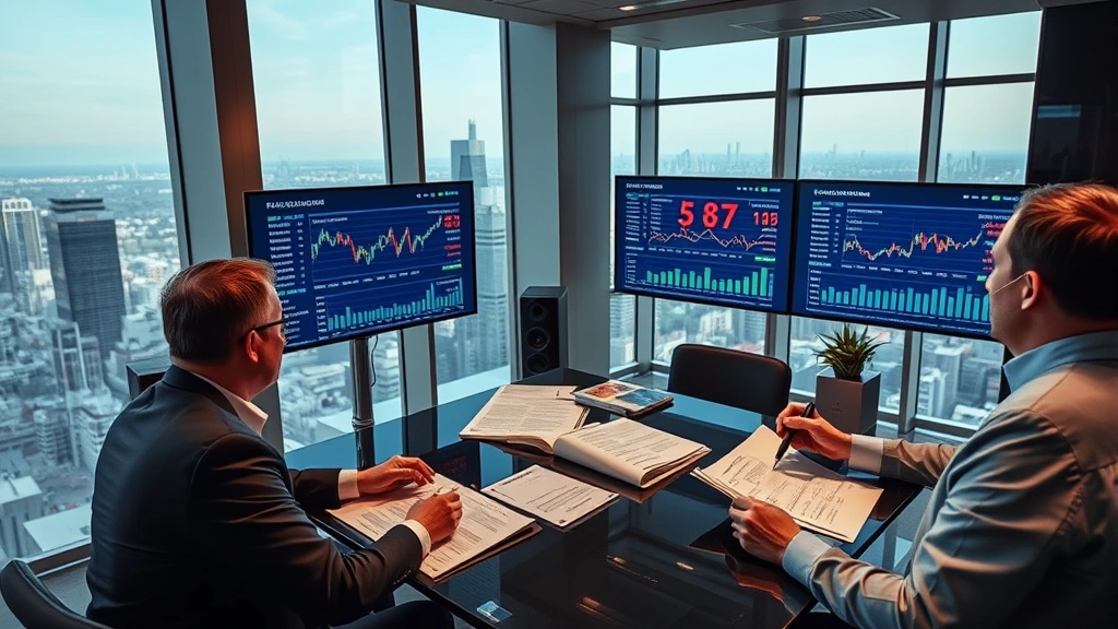 Institutional investors in a high-rise office reviewing portfolio allocations on large display screens, documents showing Bitcoin ETF holdings, contemporary workspace with market data visualizations, professional atmosphere with financial technology