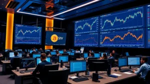 Modern cryptocurrency trading floor in Paris with digital screens displaying Bitcoin charts, professional traders working at desks, blue and gold accent lighting, contemporary office setting