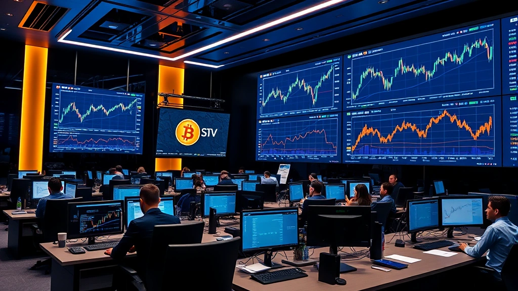 Modern cryptocurrency trading floor in Paris with digital screens displaying Bitcoin charts, professional traders working at desks, blue and gold accent lighting, contemporary office setting