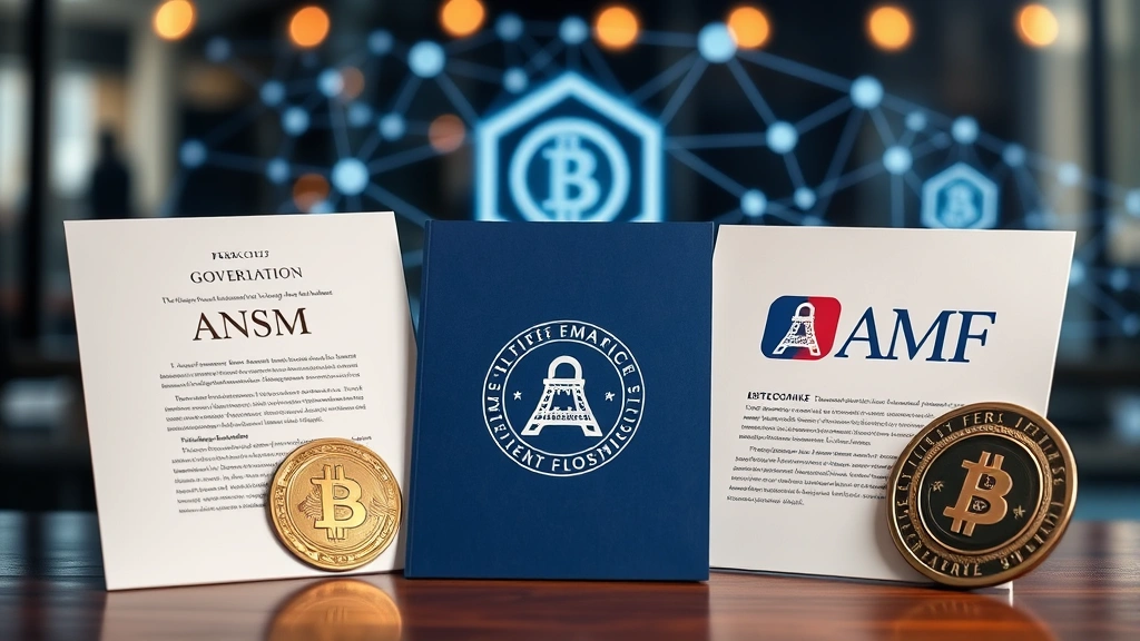 French financial regulation concept showing official government documents, ANSM/AMF logos, security seals, blockchain network visualization in background, professional banking atmosphere