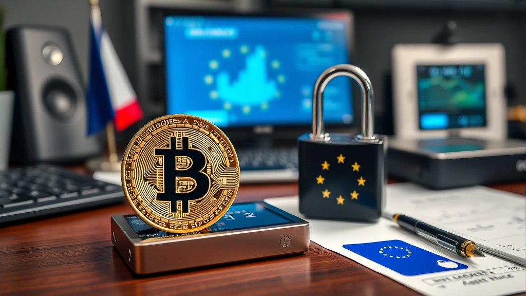 Bitcoin hardware wallet and security devices on desk with French flag, European Union symbols, compliance documentation, modern cybersecurity elements, professional financial setting