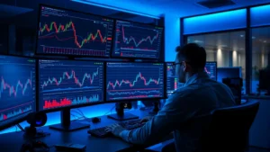 Professional cryptocurrency trader analyzing funding rate charts on multiple monitors in a modern trading desk with blue ambient lighting, showing complex graphs and real-time data streams
