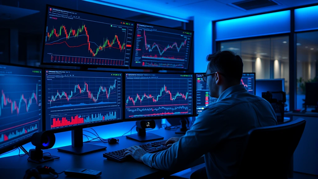 Professional cryptocurrency trader analyzing funding rate charts on multiple monitors in a modern trading desk with blue ambient lighting, showing complex graphs and real-time data streams