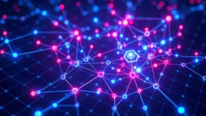 Blockchain network visualization with interconnected nodes representing trading positions, glowing nodes in blue and red colors, digital grid background, photorealistic 3D rendering, no text or labels