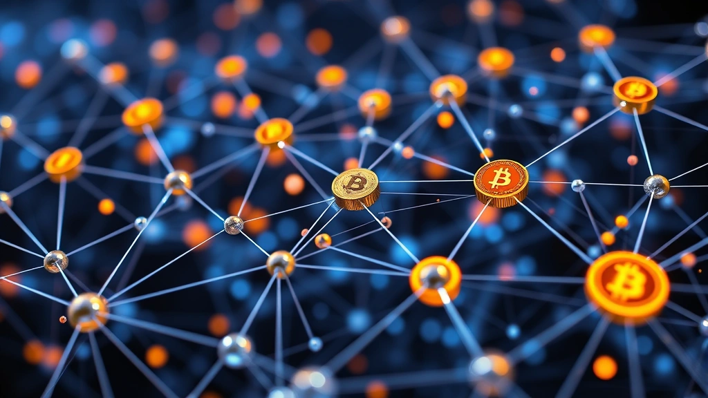 Blockchain network visualization with interconnected nodes representing Bitcoin transactions and perpetual futures trading activity, abstract digital representation of market leverage and positions