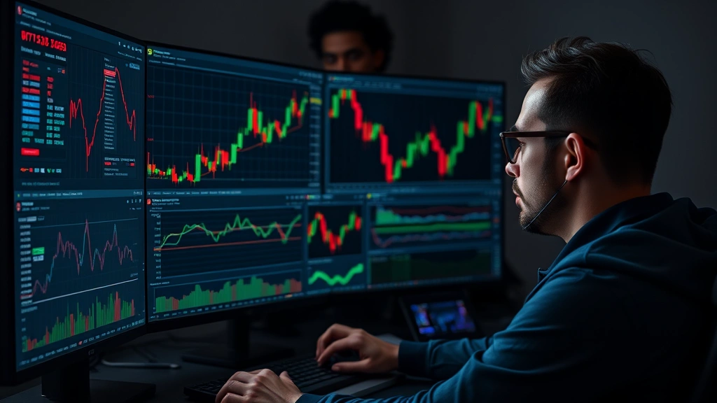 Cryptocurrency trader monitoring multiple data streams on dark trading terminal interface, showing live market data and charts, professional trading setup environment, photorealistic studio lighting