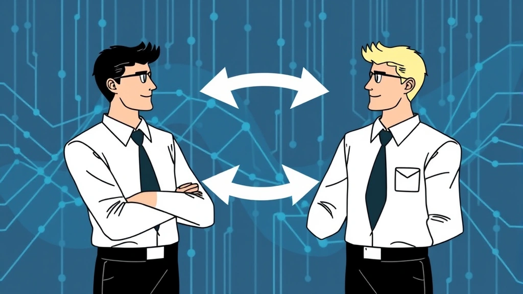 Illustration of opposing trader figures with arrows showing capital flow between them, representing positive and negative funding rates in cryptocurrency derivatives markets with blockchain network background