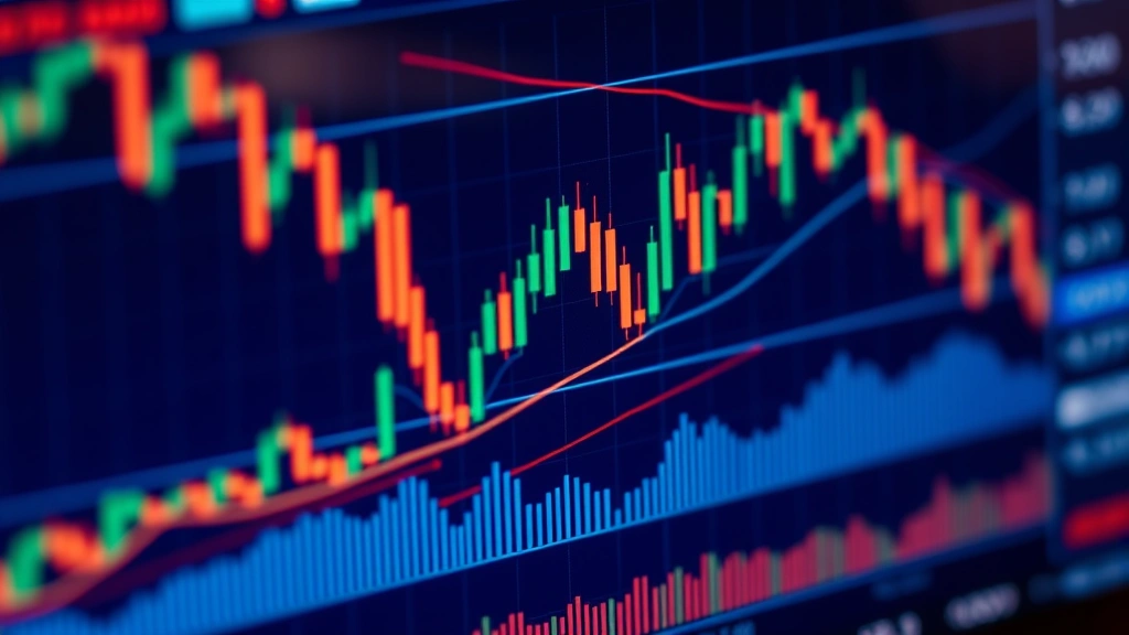 Close-up of a sophisticated trading terminal displaying Bitcoin price candlesticks alongside funding rate indicators, showing both bullish and bearish scenarios with technical analysis overlays