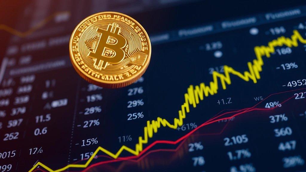 Bitcoin coin floating above digital ledger with mathematical symbols and percentage signs in abstract space, representing funding rates and financial calculations, clean modern aesthetic, photorealistic rendering