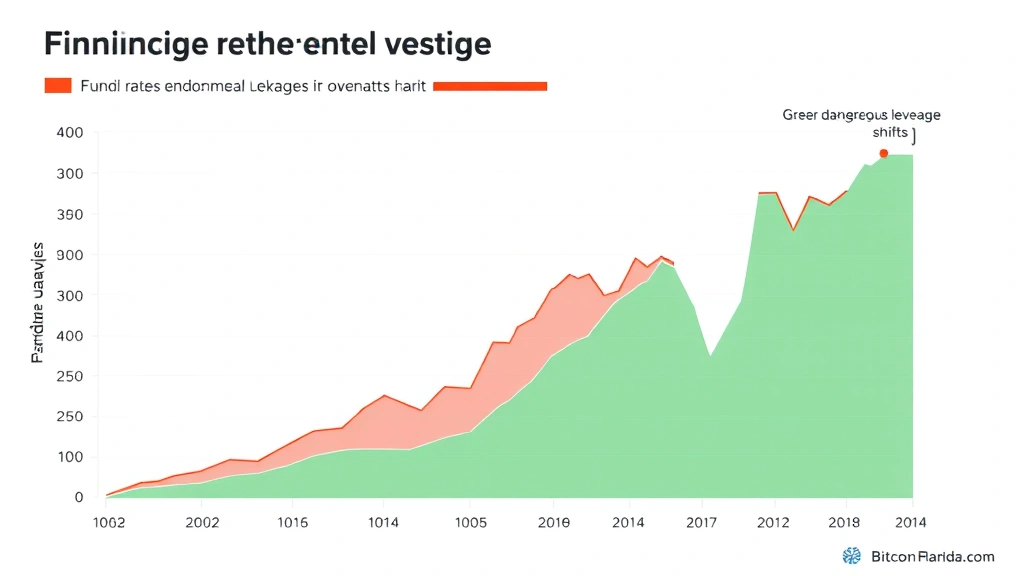 Abstract chart visualization showing funding rate extremes and liquidation cascades during Bitcoin market corrections, with red and green zones indicating dangerous leverage levels and market sentiment shifts