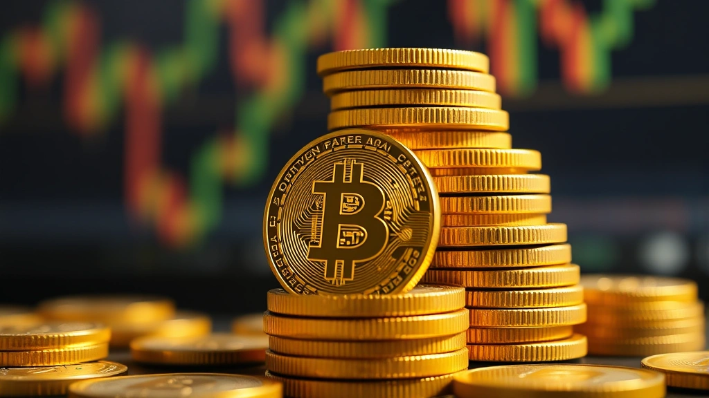 Close-up of Bitcoin golden coins stacked in pyramid formation with soft lighting and blurred market background, representing wealth accumulation and bull market momentum, no ticker symbols or numbers