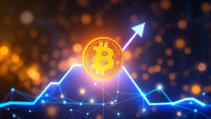 Digital illustration of upward trending graph with Bitcoin symbol overlaid, glowing blue and gold colors, abstract blockchain nodes in background, modern fintech aesthetic