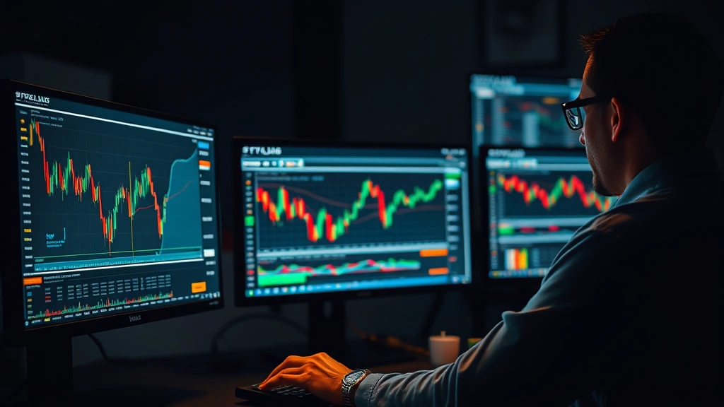 Photorealistic image of person analyzing cryptocurrency market data on multiple computer monitors, Bitcoin charts visible, professional trading desk environment, dim lighting