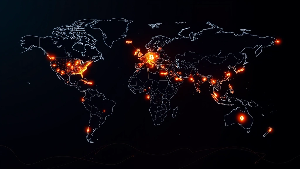 Cryptocurrency market sentiment visualization with world map showing regional Bitcoin interest hotspots, glowing nodes connected by lines, data analytics theme