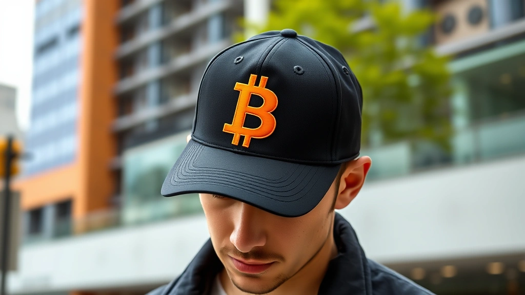 A person wearing a premium black Bitcoin baseball cap with embroidered orange Bitcoin logo, standing in modern urban setting with cryptocurrency exchange building visible in background, professional photography, daylight, realistic textures