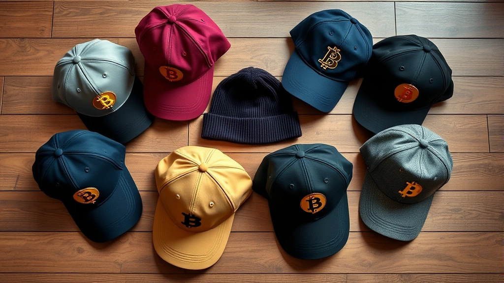 Flat lay arrangement of various Bitcoin hat styles including classic baseball cap, beanie, and luxury designer version in different colors arranged on wooden surface with soft natural lighting, high-quality product photography