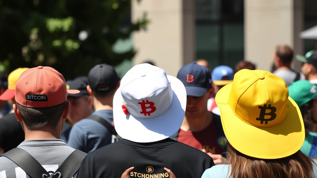 Diverse group of people wearing different Bitcoin hats at outdoor cryptocurrency conference or meetup, showing community gathering, networking, and conversation between enthusiasts, candid lifestyle photography, natural sunlight