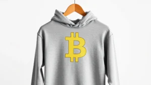 High-quality Bitcoin hoodie displayed on wooden hanger in minimalist white studio setting, premium fabric texture visible, professional product photography style