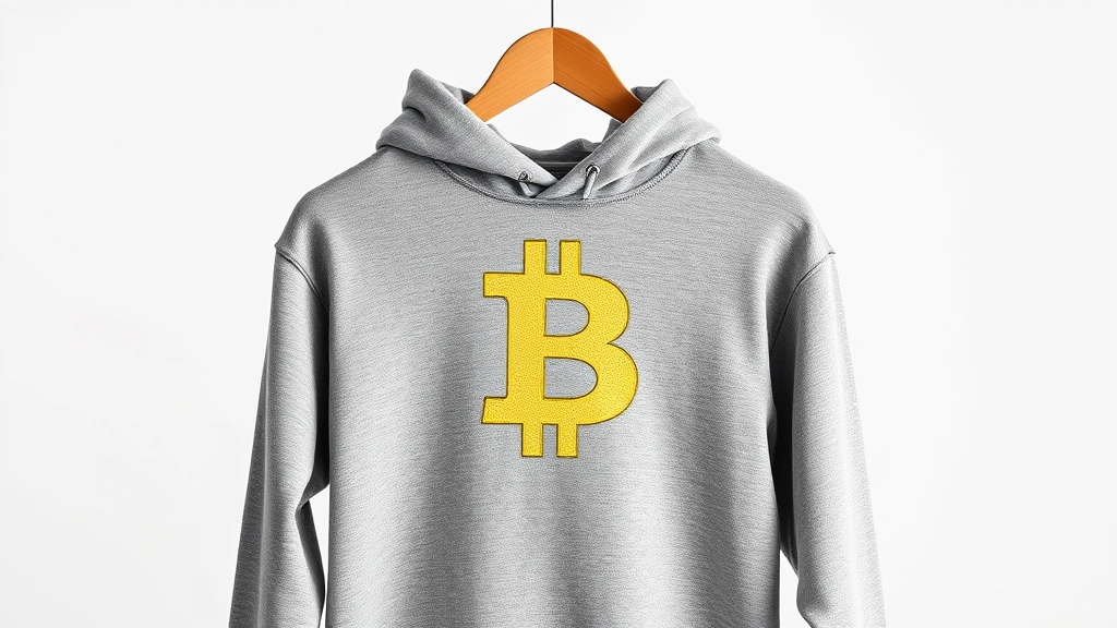 High-quality Bitcoin hoodie displayed on wooden hanger in minimalist white studio setting, premium fabric texture visible, professional product photography style