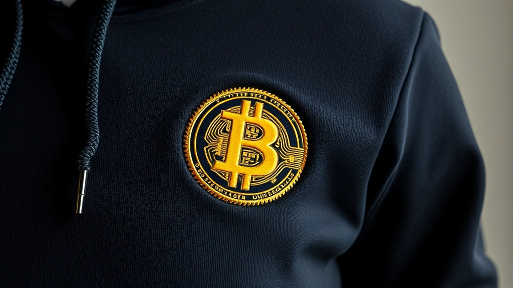 Close-up detail shot of Bitcoin logo embroidery and fabric quality on luxury designer crypto hoodie, showing craftsmanship and premium materials, neutral background
