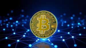 Photorealistic image of a Bitcoin coin glowing with blue light against a dark background, surrounded by blockchain network nodes and connecting lines representing distributed ledger technology and decentralized finance infrastructure