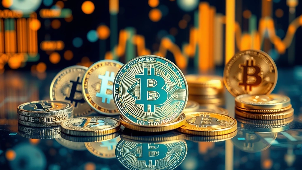 Photorealistic photograph of multiple cryptocurrency coins including Bitcoin and alternative digital assets arranged on a reflective surface with abstract blockchain patterns and data visualization elements in the background