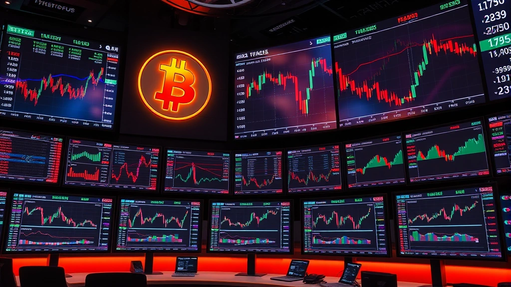 Photorealistic image of a modern cryptocurrency exchange trading floor with multiple screens displaying real-time market data, with Bitcoin symbol prominently featured alongside various altcoin charts and trading indicators