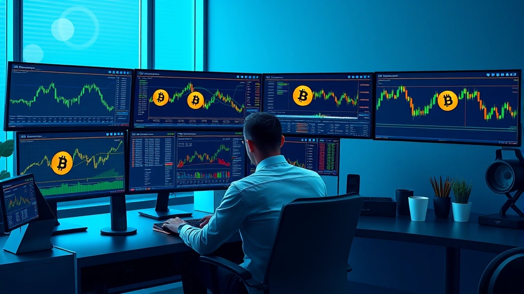 Photorealistic image of a modern cryptocurrency trading desk with multiple monitors displaying Bitcoin price charts, professional trader analyzing data, minimalist office setting with blue and green color scheme, no text or symbols visible