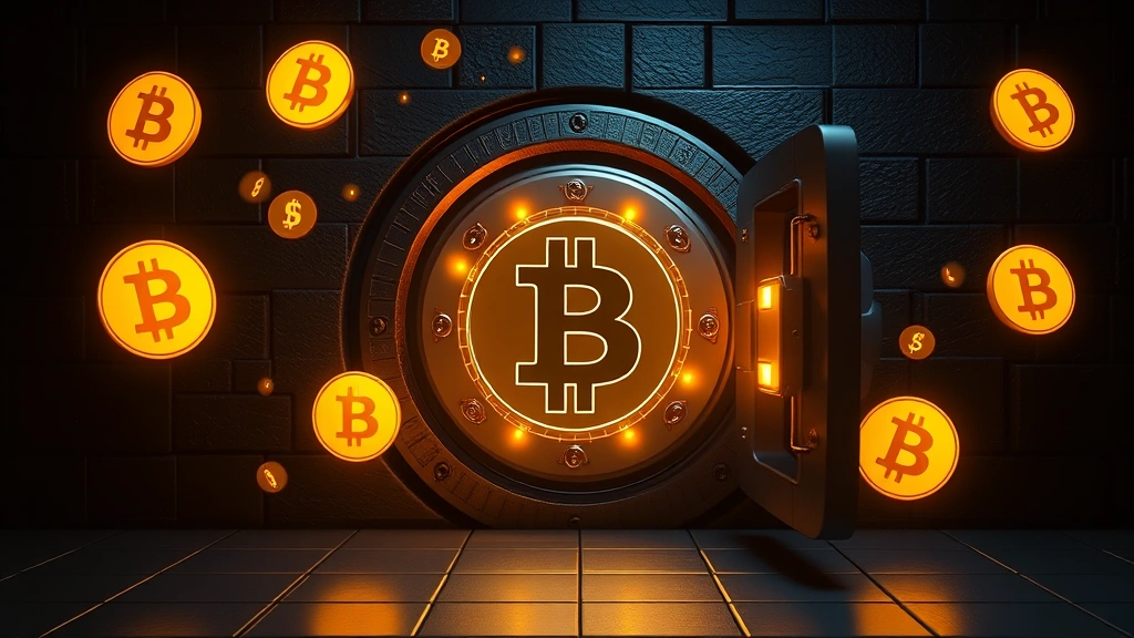 Photorealistic photograph of a secure digital vault concept with glowing Bitcoin symbols floating around, representing cold storage security, dark background with golden lighting, cryptocurrency safety theme, no charts or tickers