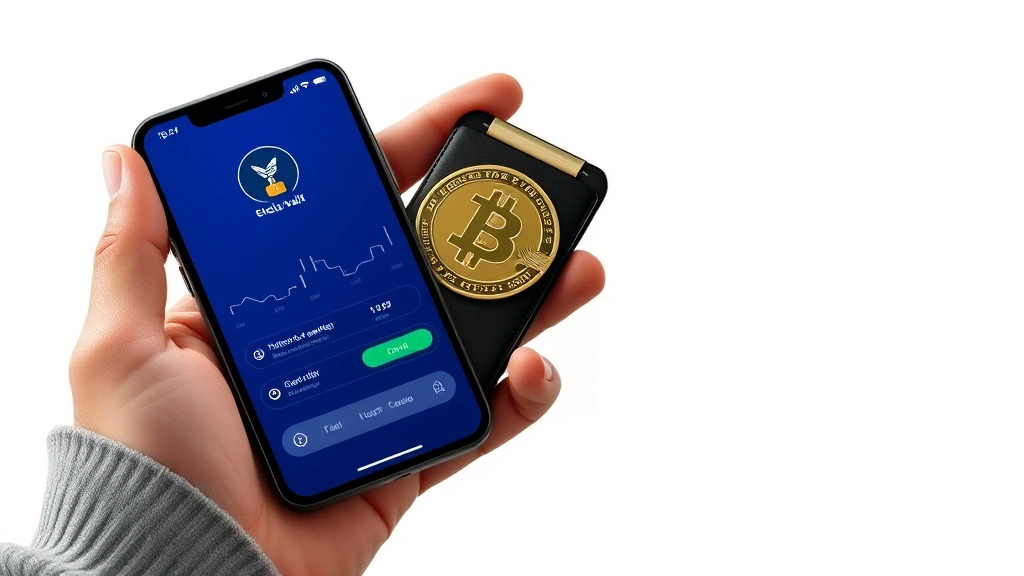 Photorealistic image of hands holding a hardware wallet device with smartphone showing Bitcoin wallet interface, representing secure Bitcoin storage and personal custody, modern technology aesthetic, clean background, no visible text