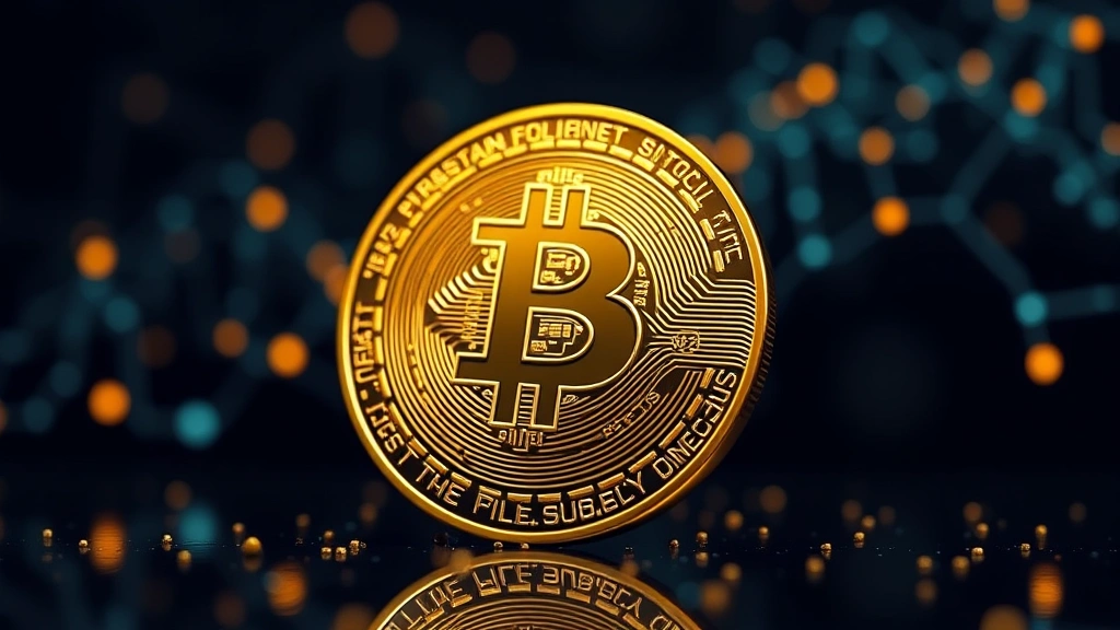 Close-up of Bitcoin physical coin with blockchain network nodes glowing in background, golden metallic finish, digital light particles surrounding, dark professional background