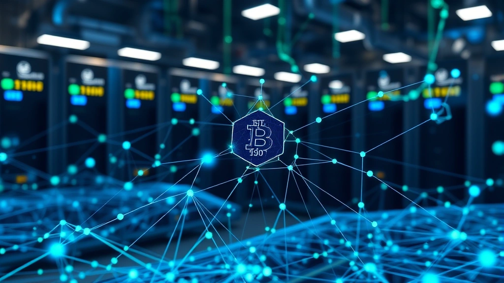 Blockchain network nodes processing Bitcoin transactions with distributed ledger visualization, blue and green holographic elements, futuristic mining facility in background