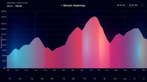 Vibrant digital heatmap visualization showing price levels with gradient colors from cool blue to intense red, representing Bitcoin liquidation density zones, cryptocurrency trading data displayed in modern interface style, no text or numbers visible, professional blockchain analytics aesthetic