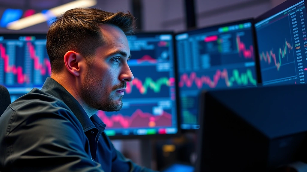 Close-up of cryptocurrency trader monitoring multiple screens with liquidation data, focused expression, modern trading desk setup, blue and red lighting from displays, professional analytical atmosphere, blockchain market analysis environment, photorealistic detailed scene