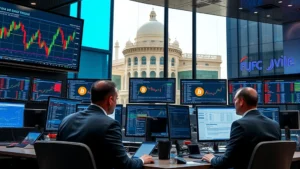 Modern cryptocurrency trading floor with multiple screens displaying Bitcoin price charts and blockchain data, traders in business attire analyzing digital markets, professional financial environment with MENA regional architecture visible in background
